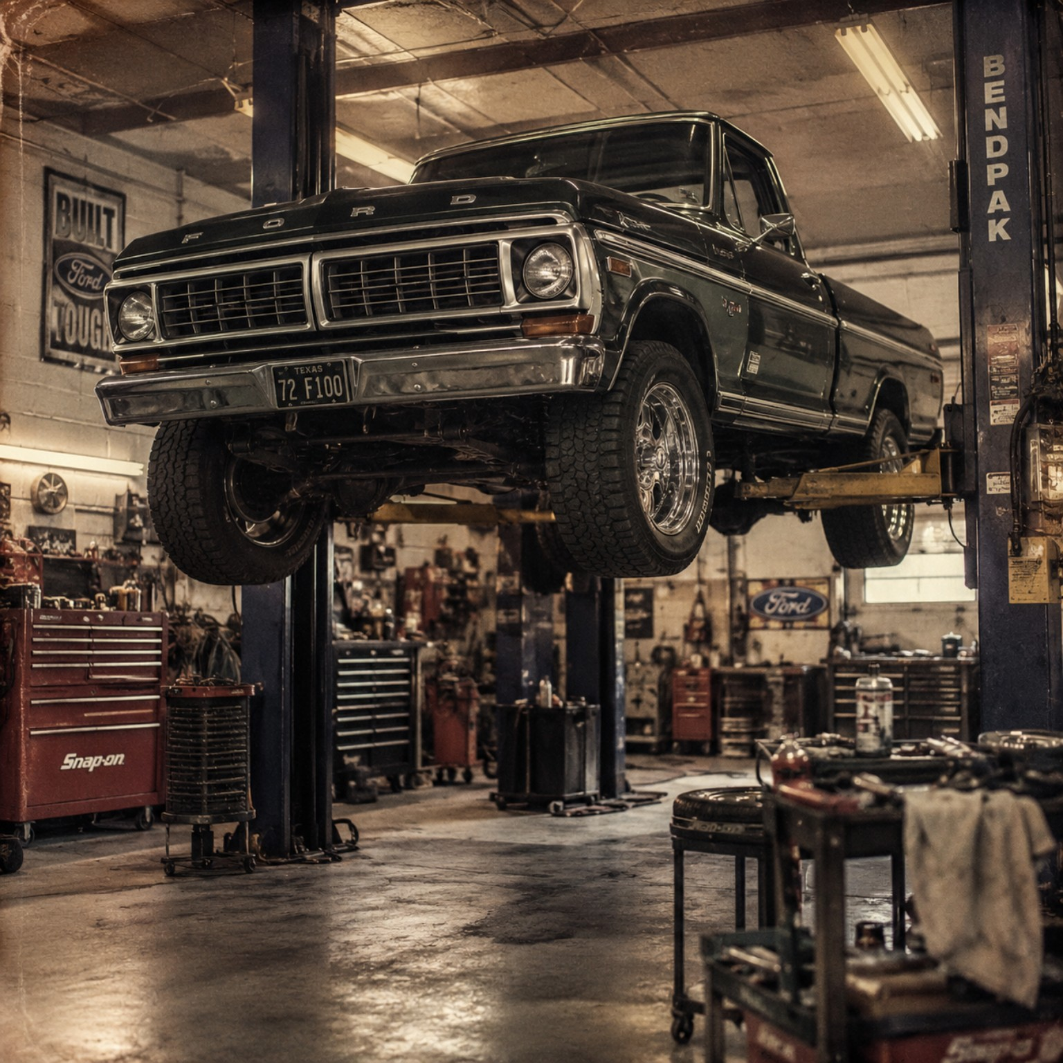 Classic Ford truck on a hoist inside the OSSCO Motors garage in Brockville, Ontario